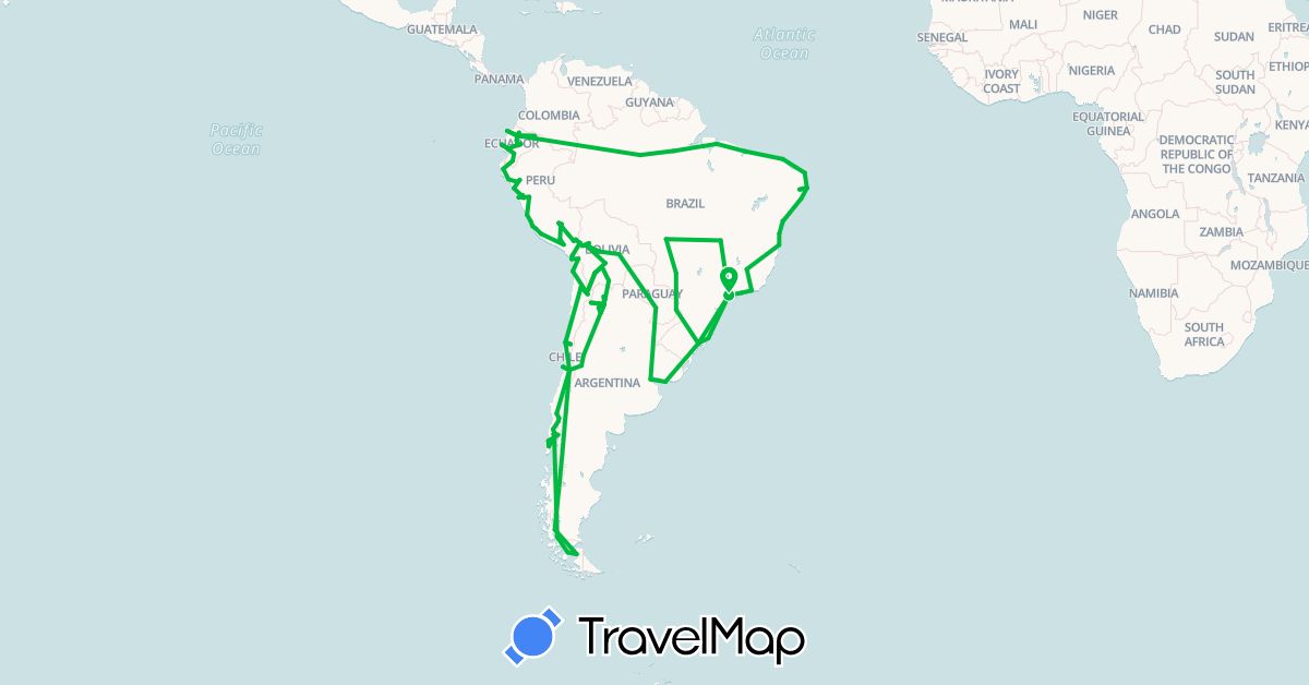 TravelMap itinerary: driving, bus in Argentina, Bolivia, Brazil, Chile, Ecuador, Peru, Paraguay, Uruguay (South America)