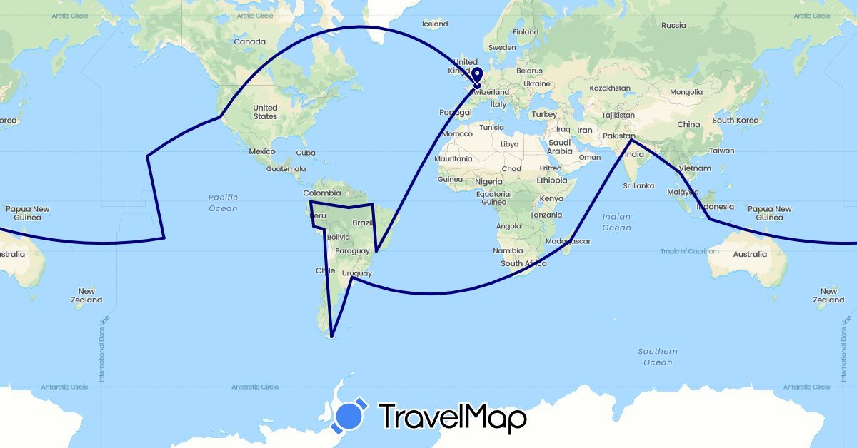TravelMap itinerary: driving in Argentina, Brazil, Chile, Ecuador, France, Indonesia, India, Madagascar, Peru, Thailand, United States, South Africa (Africa, Asia, Europe, North America, South America)